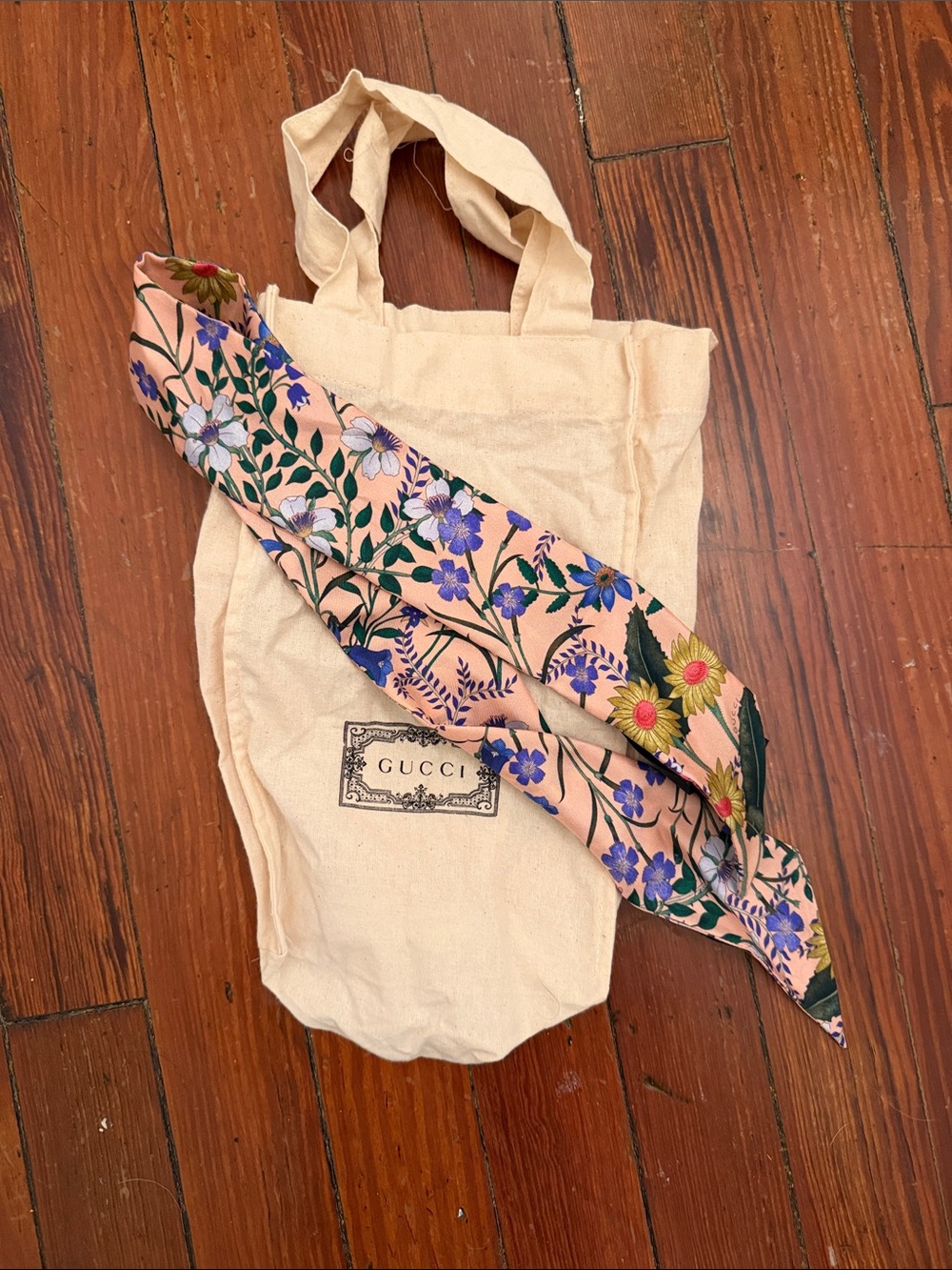 Gucci Pink Floral Silk Twilly with Blue & Green Accents